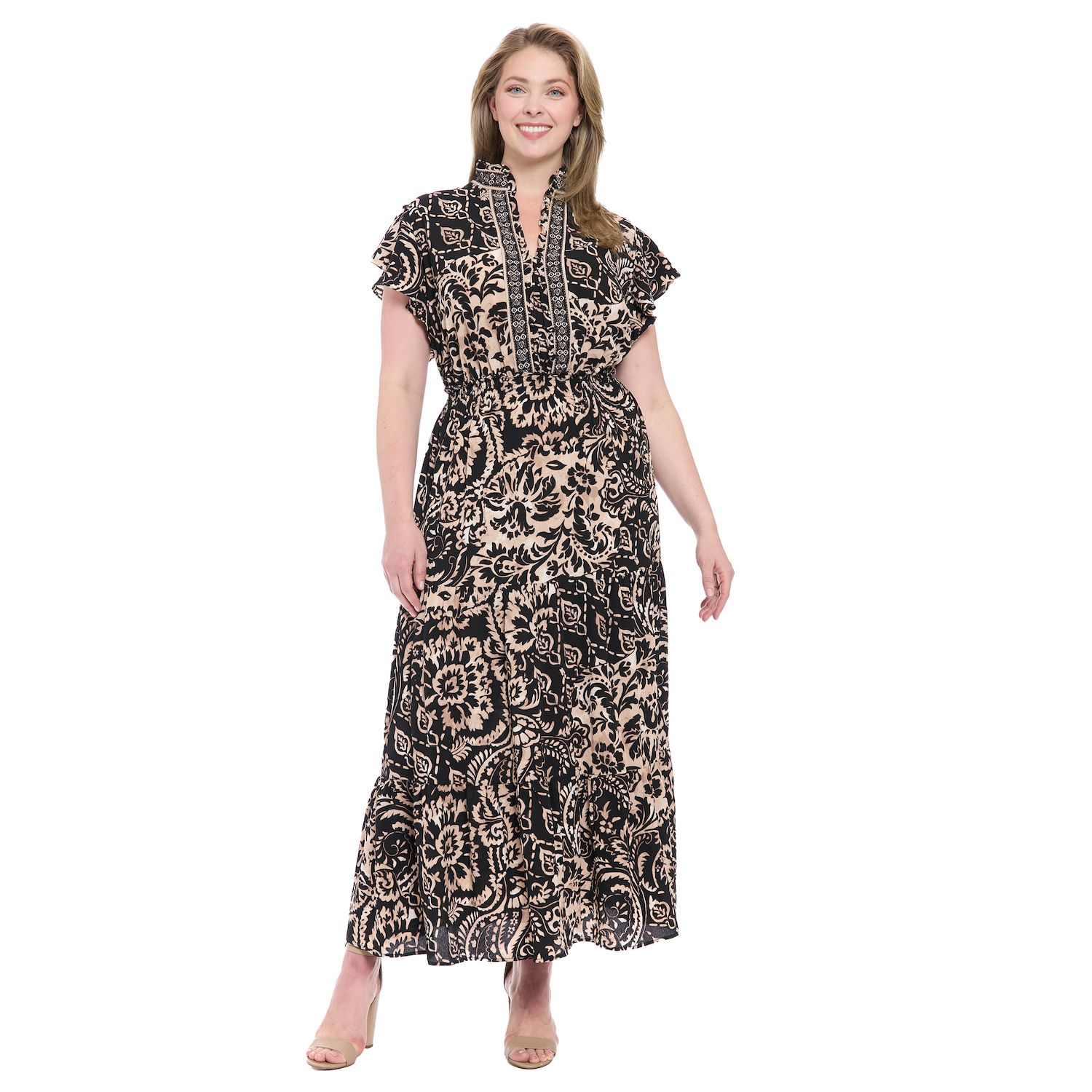 Женские платья London Times Plus Size London Times Ruffle Neck Flutter Sleeve Tiered Maxi Dress