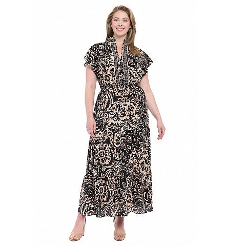 Женские платья London Plus Size London Times Ruffle Neck Flutter Sleeve Tiered Maxi Dress