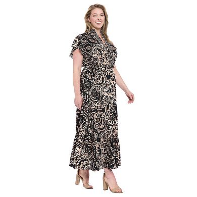 Plus Size London Times Ruffle Neck Flutter Sleeve Tiered Maxi Dress