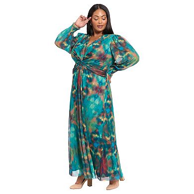 Plus Size London Times Twist Waist Bishop Sleeve Maxi Dress