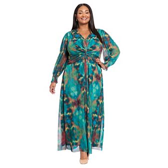 Plus Size London Times Twist Waist Bishop Sleeve Maxi Dress