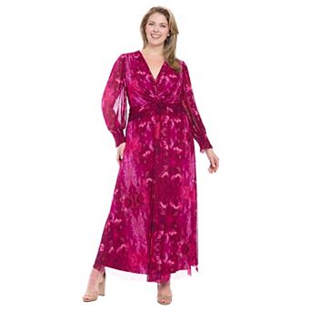 Plus Size London Times Twist Waist Bishop Sleeve Maxi Dress