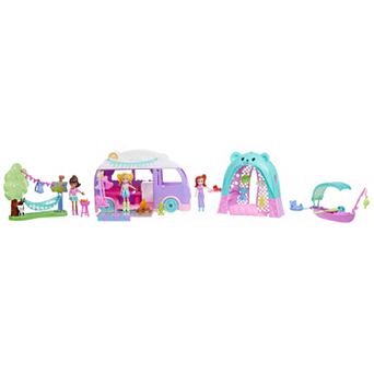 Polly Pocket Glamping Dolls & Playset Bundle with Camper Van, Tent, Canoe & Pets