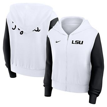 Women's Nike White LSU Tigers Cropped Color-Block Script Full-Zip Hoodie