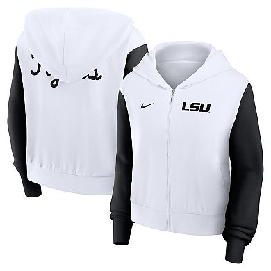 Women's Nike White LSU Tigers Cropped Color-Block Script Full-Zip Hoodie
