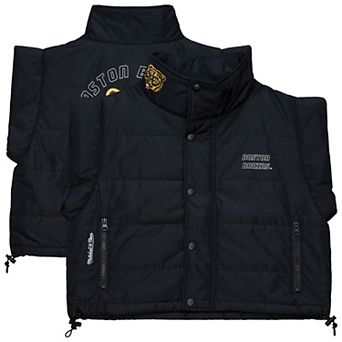Women's Mitchell & Ness Black Boston Bruins Cropped Full-Zip Puffer Vest