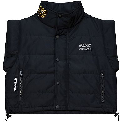 Women's Mitchell & Ness Black Boston Bruins Cropped Full-Zip Puffer Vest