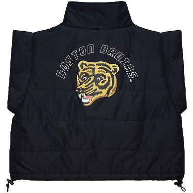 Women's Mitchell & Ness Black Boston Bruins Cropped Full-Zip Puffer Vest