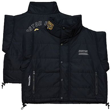 Women's Mitchell & Ness Black Boston Bruins Cropped Full-Zip Puffer Vest