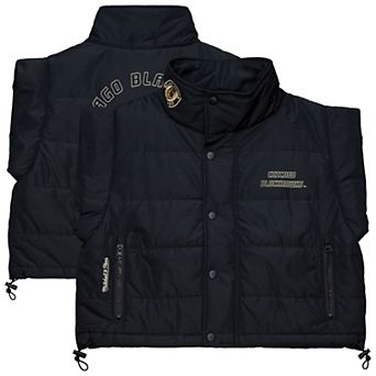 Women's Mitchell & Ness Black Chicago Blackhawks Cropped Full-Zip Puffer Vest