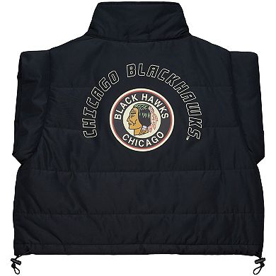 Women's Mitchell & Ness Black Chicago Blackhawks Cropped Full-Zip Puffer Vest
