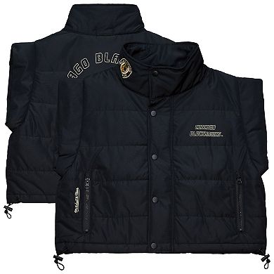 Women's Mitchell & Ness Black Chicago Blackhawks Cropped Full-Zip Puffer Vest