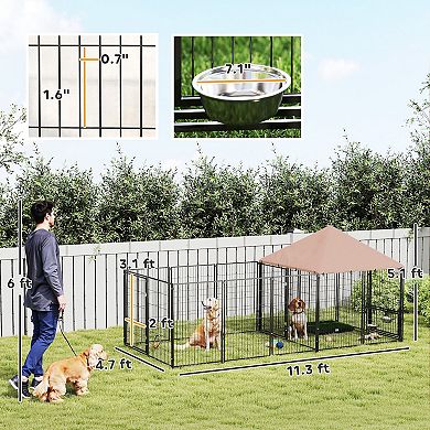 PawHut Dog Kennel Outside with Rotating & Adjustable Height Bowls