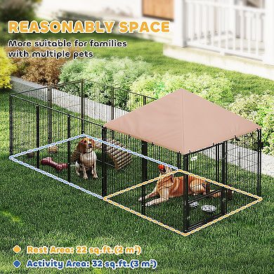 PawHut Dog Kennel Outside with Rotating & Adjustable Height Bowls