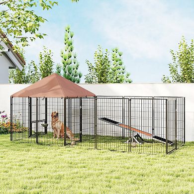 PawHut Dog Kennel Outside with Rotating & Adjustable Height Bowls
