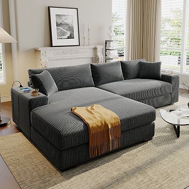 Merax Mirod Sectional Sofa with Cup Holders & USB Ports Plush L-Shaped Couch for Living Room