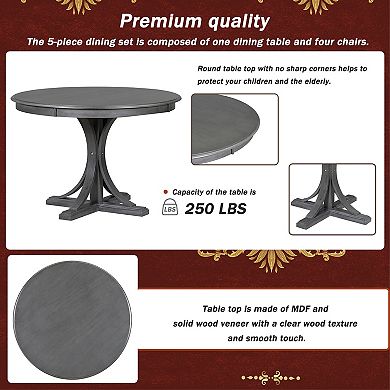 Merax 5-Piece Retro Round Dining Table Set with Curved Trestle Style Table Legs and 4 Chairs