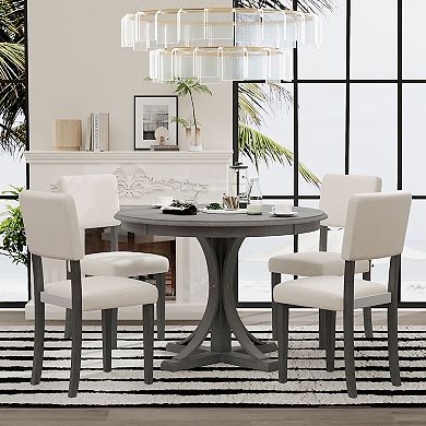 Merax 5-Piece Retro Round Dining Table Set with Curved Trestle Style Table Legs and 4 Chairs