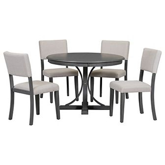 Merax 5 pc Retro Round Dining Table Set with Curved Trestle Style Table Legs and 4 Chairs