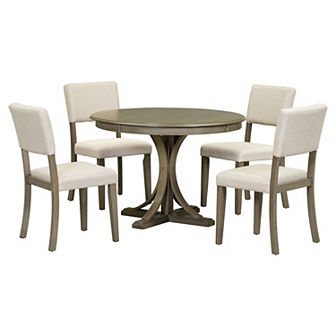 Merax 5 pc Retro Round Dining Table Set with Curved Trestle Style Table Legs and 4 Chairs