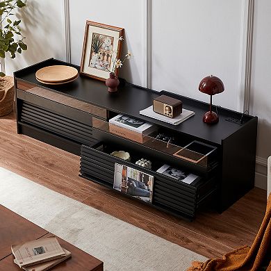 Merax Mirod Modern TV Stand with Ample Storage,4 Drawer Design with Tempered Glass