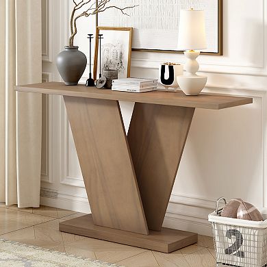 Merax Mirod Console Table with Natural Wood Veneer,V-Base Design for Classic Versatility