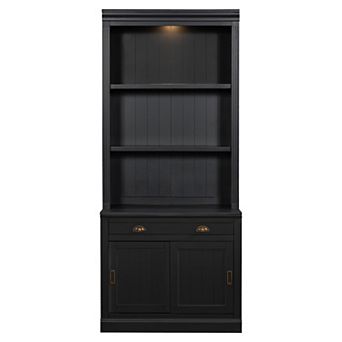 Merax 83.4"Tall Bookshelf with LED Lighting, Modern Bookcase with Sliding Doors and Open Shelves