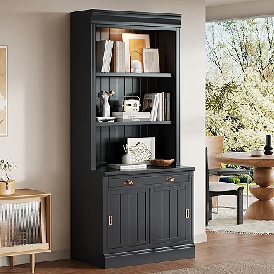 Merax 83.4"Tall Bookshelf with LED Lighting, Modern Bookcase with Sliding Doors and Open Shelves