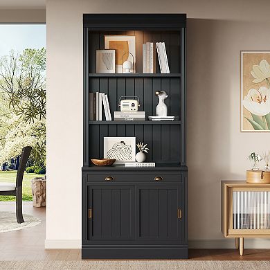 Merax 83.4"Tall Bookshelf with LED Lighting, Modern Bookcase with Sliding Doors and Open Shelves