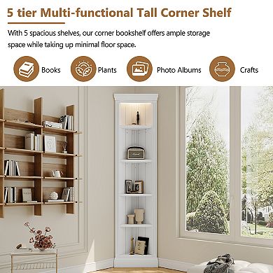 Merax 83.4"Tall Modern Corner Shelf,5 Tier Corner Bookcase with LED Light