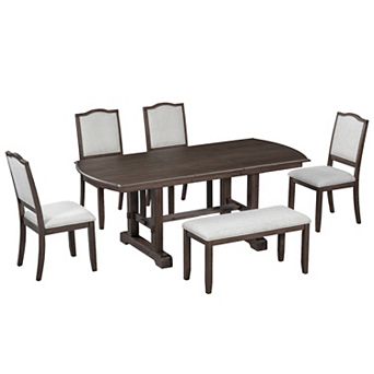 Merax 6 pc Dining Table Set，60″ to 78″ Extendable Wood Dining Table with Removable Leaf