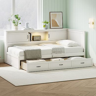 Merax L-Shaped Bed Frame with Drawer and and Bookcase,Corner Bed Wooden Captain Bed