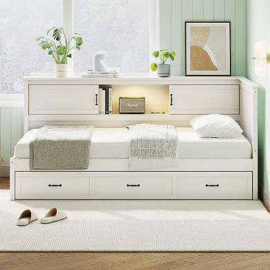 Merax L-Shaped Bed Frame with Drawer and and Bookcase,Corner Bed Wooden Captain Bed