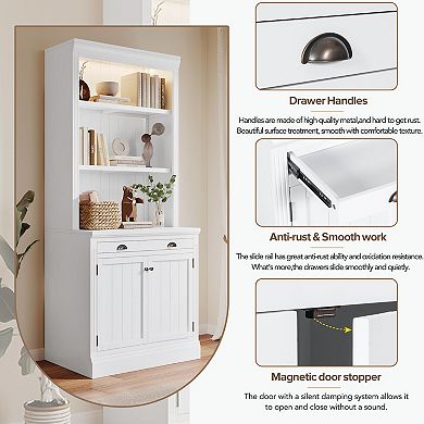 Merax 83.4"Tall Bookshelf with LED Lighting, Modern Bookcase with 2 Doors and 1 Drawer