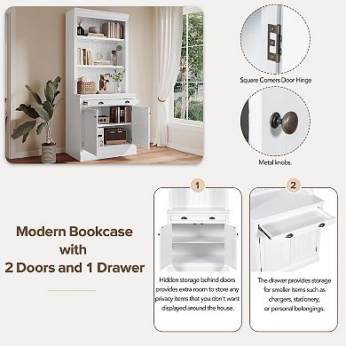 Merax 83.4"Tall Bookshelf with LED Lighting, Modern Bookcase with 2 Doors and 1 Drawer
