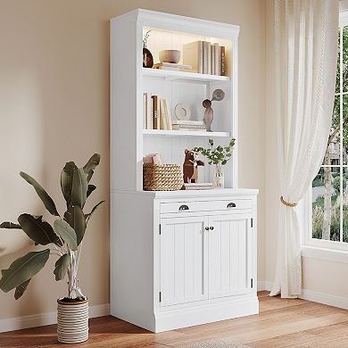 Merax 83.4"Tall Bookshelf with LED Lighting, Modern Bookcase with 2 Doors and 1 Drawer