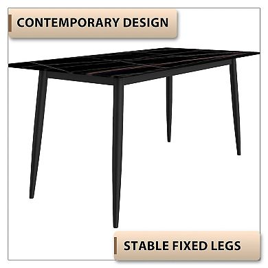 Leisuremod Zayle Dining Table 71" Stone Rectangular Tabletop And Black Steel In Black/gold