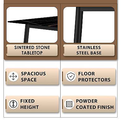 Leisuremod Zayle Dining Table 71" Stone Rectangular Tabletop And Black Steel In Black/gold