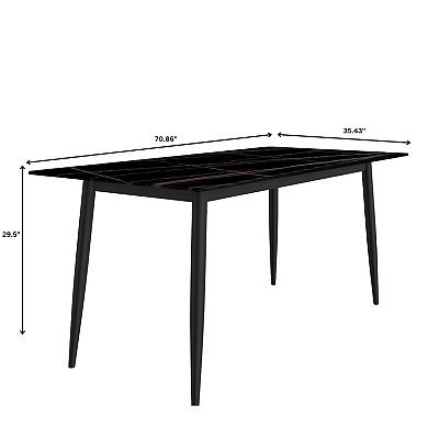 Leisuremod Zayle Dining Table 71" Stone Rectangular Tabletop And Black Steel In Black/gold