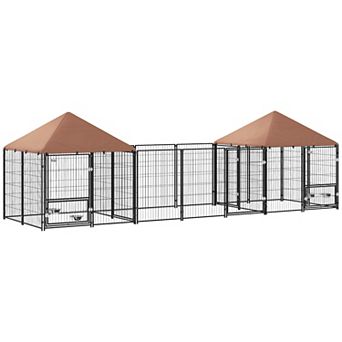 PawHut Dog Kennel Outside with 2 Rooms, Rotating & Adjustable Height Bowls