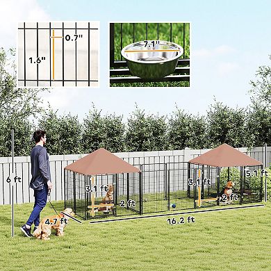 PawHut Dog Kennel Outside with 2 Rooms, Rotating & Adjustable Height Bowls