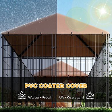 PawHut Dog Kennel Outside with 2 Rooms, Rotating & Adjustable Height Bowls