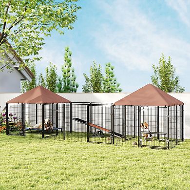 PawHut Dog Kennel Outside with 2 Rooms, Rotating & Adjustable Height Bowls