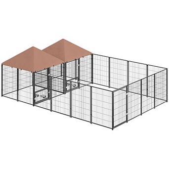 PawHut Dog Kennel Outdoor with Rotating & Adjustable Height Bowls, 2 Rooms