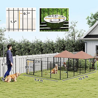 PawHut Dog Kennel Outdoor with Rotating & Adjustable Height Bowls, 2 Rooms