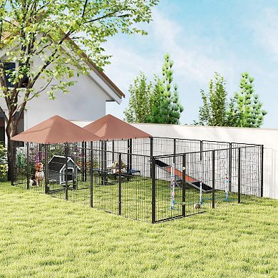 PawHut Dog Kennel Outdoor with Rotating & Adjustable Height Bowls, 2 Rooms