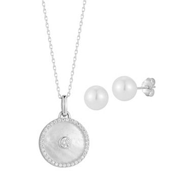 Sunkissed Sterling Sterling Silver Mother-Of-Pearl Medallion Necklace & Freshwater Cultured Pearl Stud Earring Set