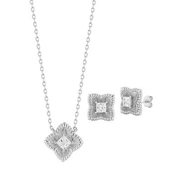Sunkissed Sterling Sterling Silver Cubic Zirconia Clover Necklace & Stud Earring Set