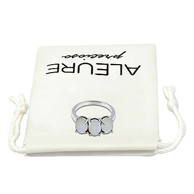 Aleure Precioso Sterling Silver Gemstone 3-Stone Cabachon Oval Ring
