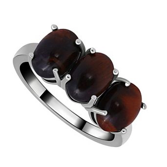 Aleure Precioso Sterling Silver Gemstone 3-Stone Cabachon Oval Ring